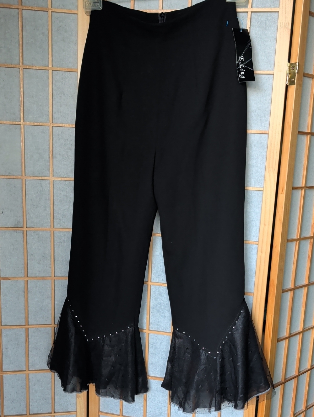 Black Boot‑Flare Ruffle Hem Pants with Sheer Trim. Day To Evening Wear.